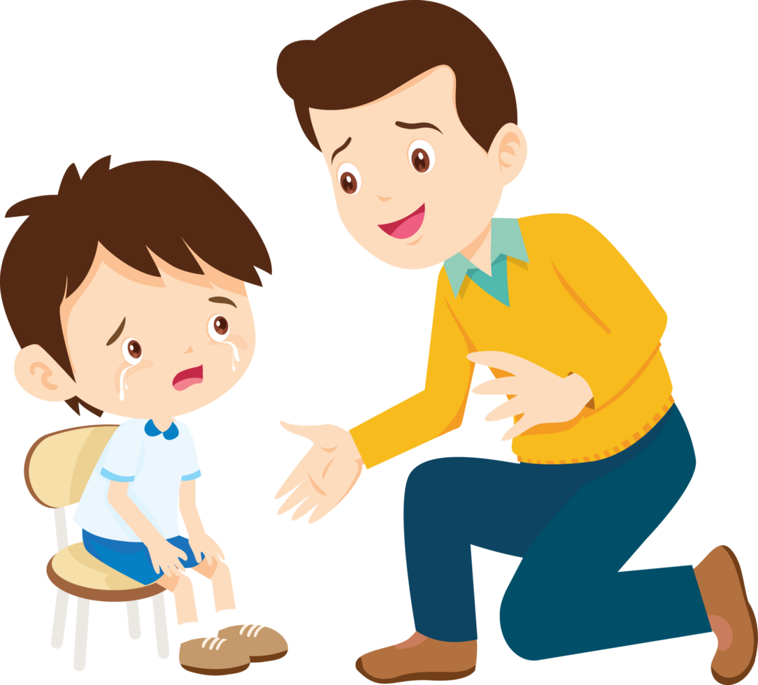 teacher kneels and listens patiently to a crying child png