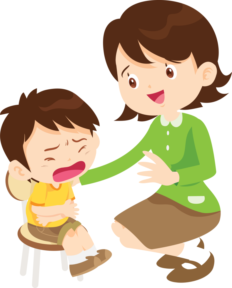 Teacher kneels down beside student who has stomachache and wipes away tears png