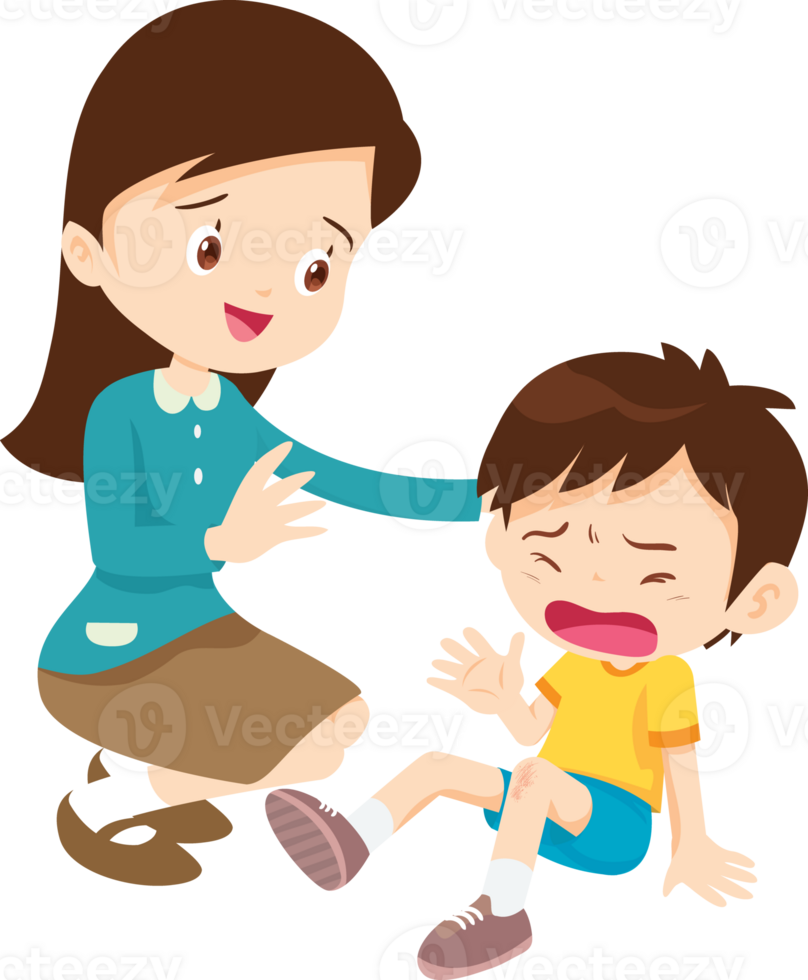 Comforting sad children boy by teacher png