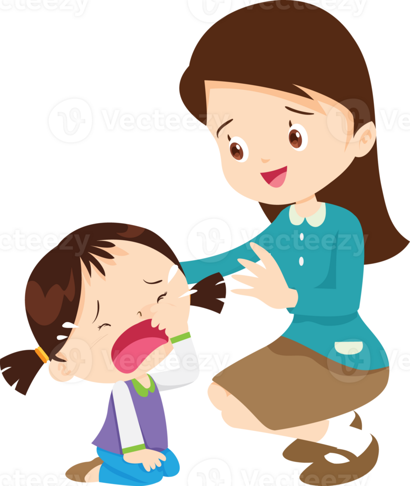 little girl cries as her teacher pats her back gently. png