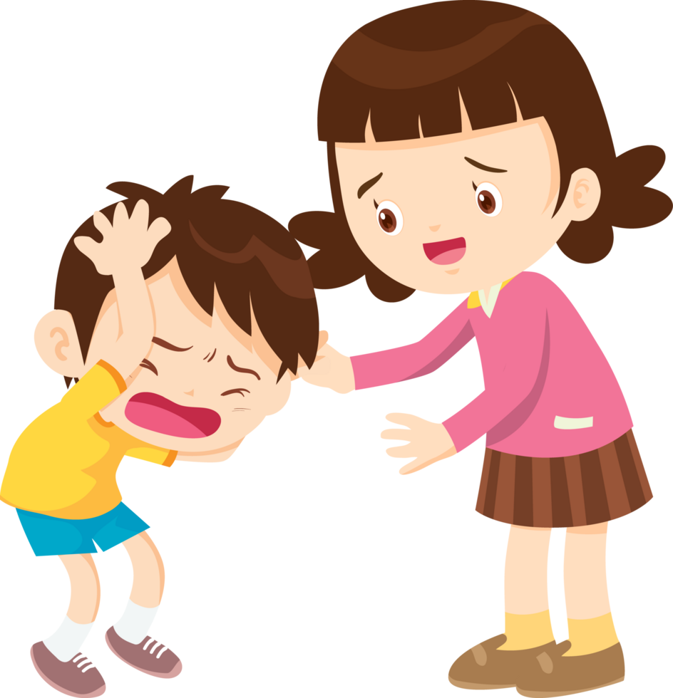 Girl comforts boy who cries due to head injury from accident png