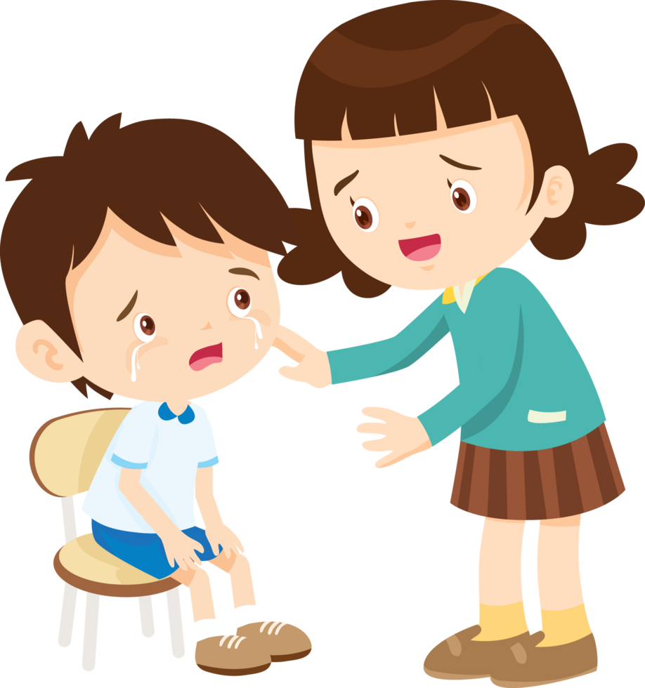 Girl comforts boy who cries because he is being bullied by his classmates png