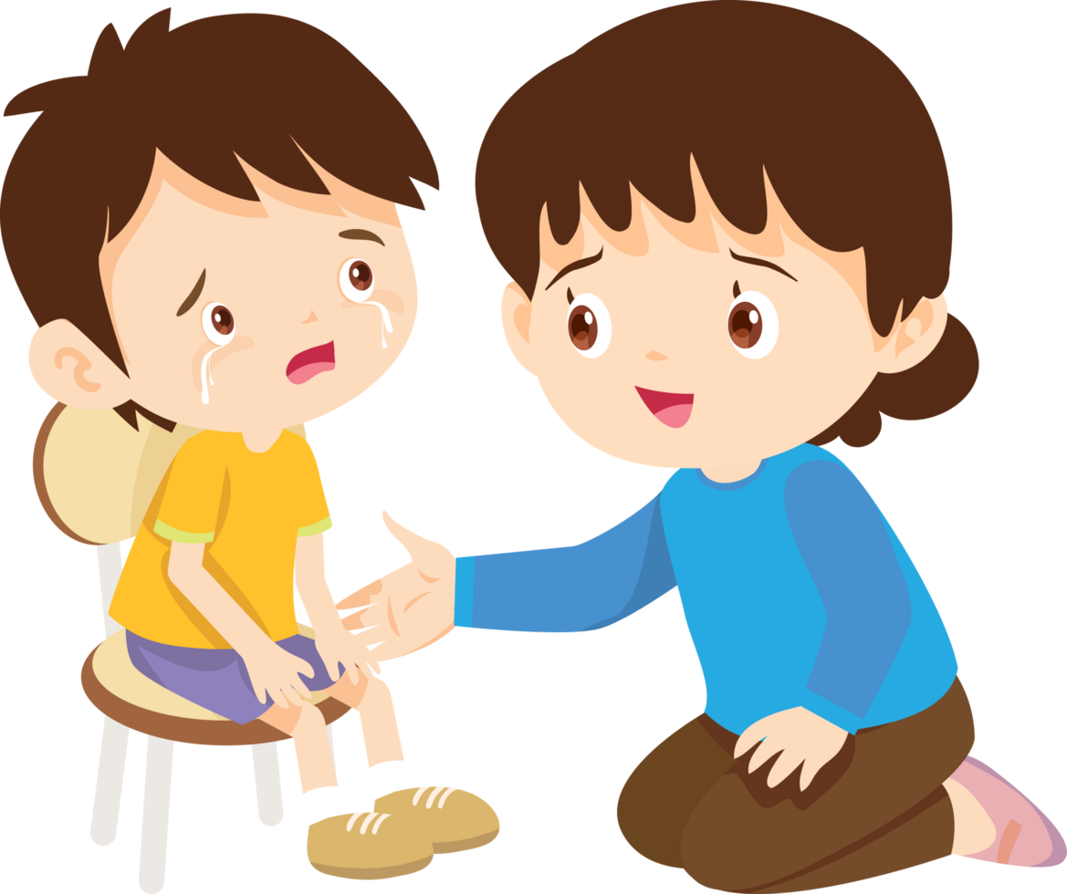 Sister holding hands with her crying sibling to show support and love png