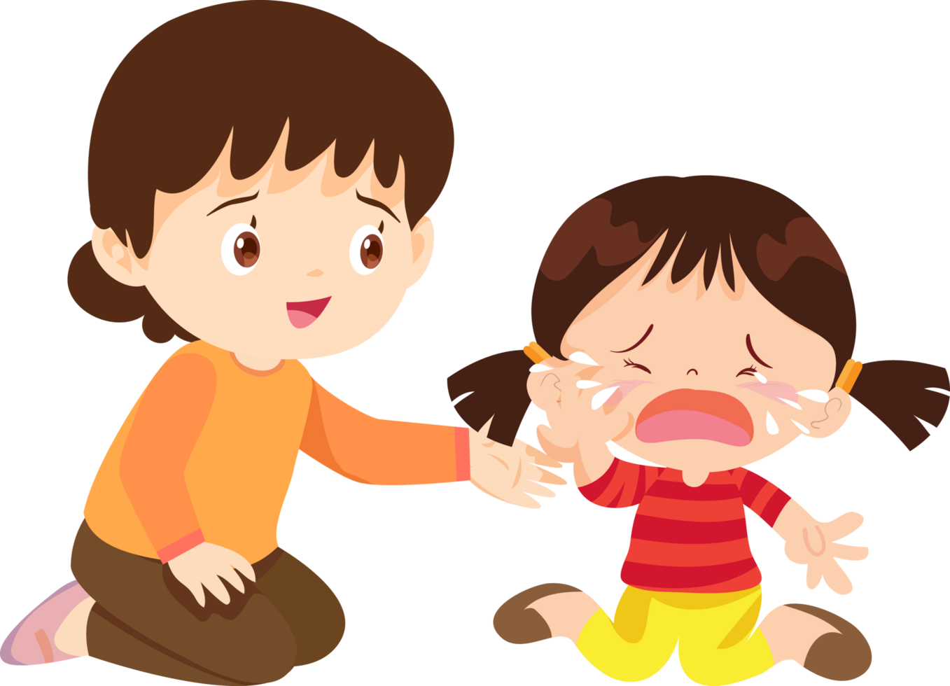 Caring sister wiping tears from her younger sibling face png