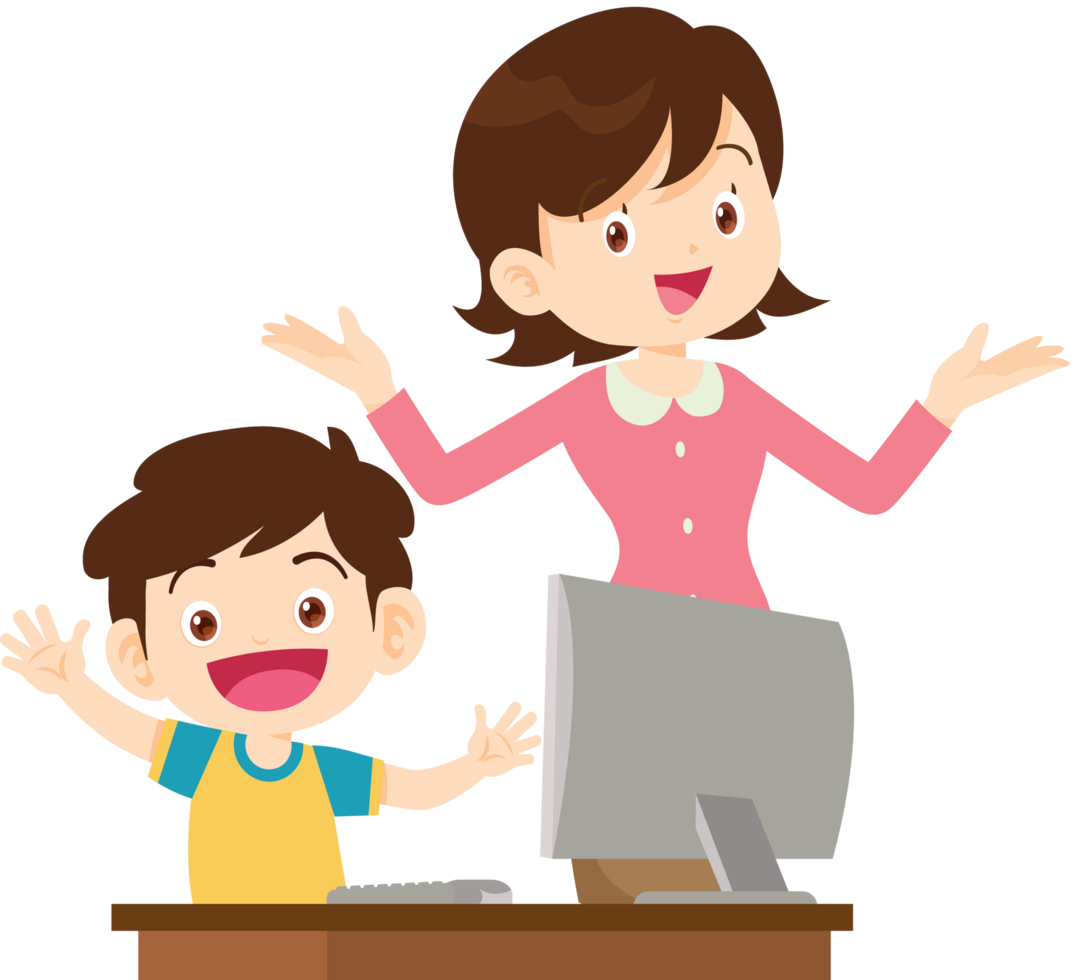 Happy teacher guiding kids in a fun computer class png