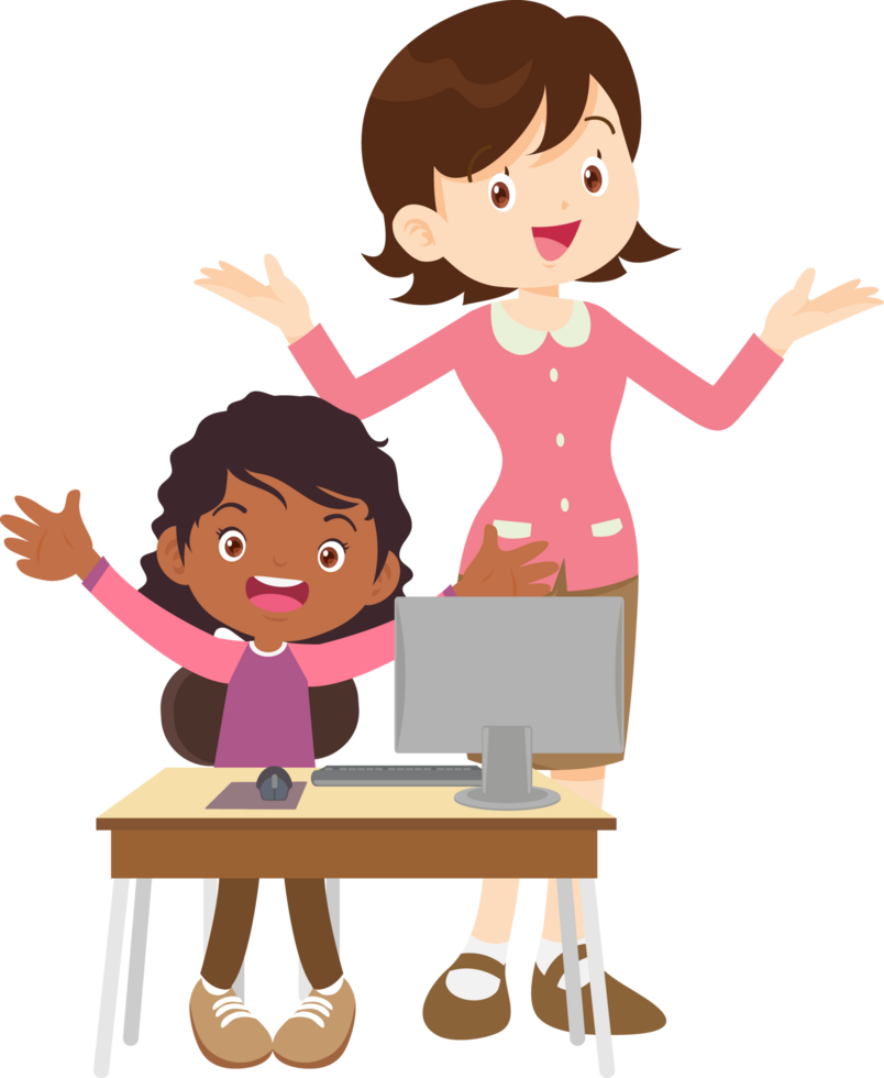 Happy students raising their hands to answer a computer-related question png
