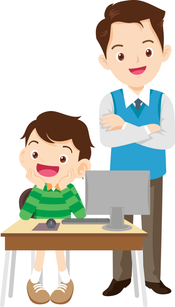 Happy children using computers for interactive learning png