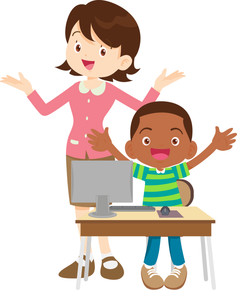 Cheerful teacher helping students with a coding project png