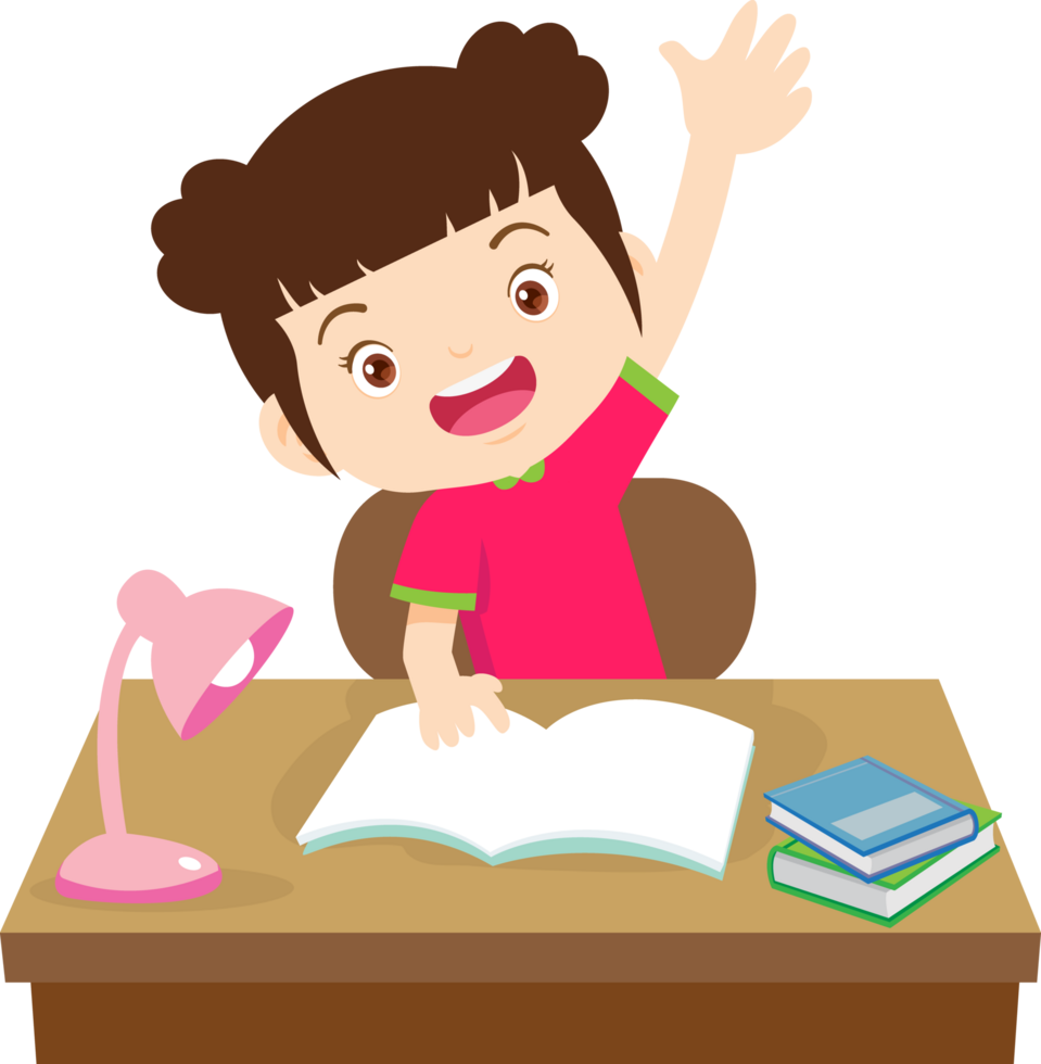 Cute girl raising her hand while studying at home png
