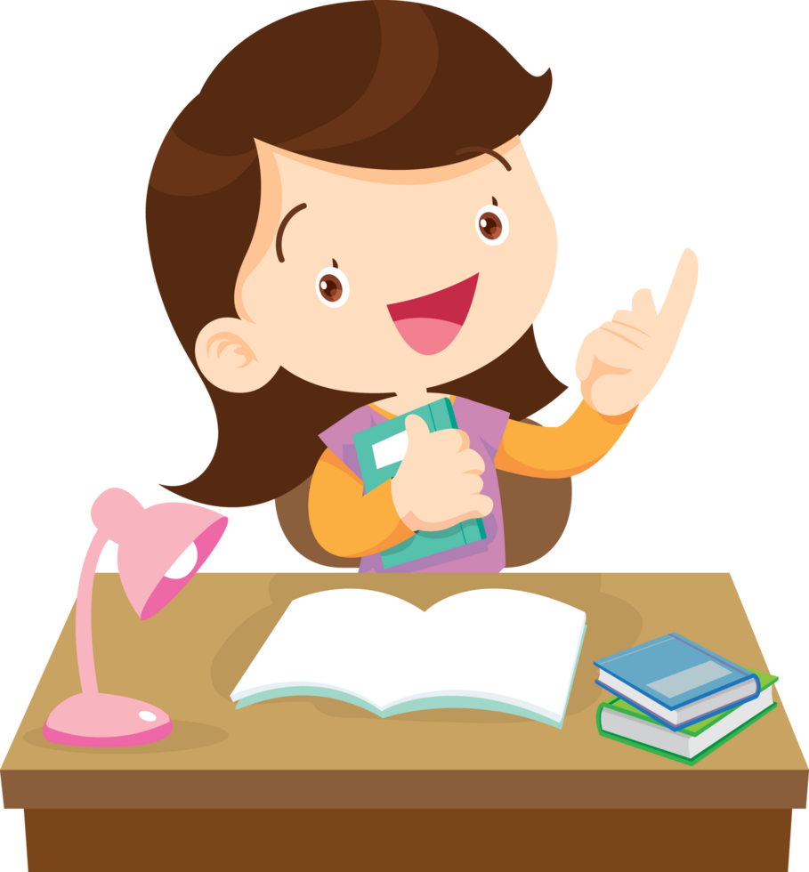 Little girl excitedly pointing at her open book png