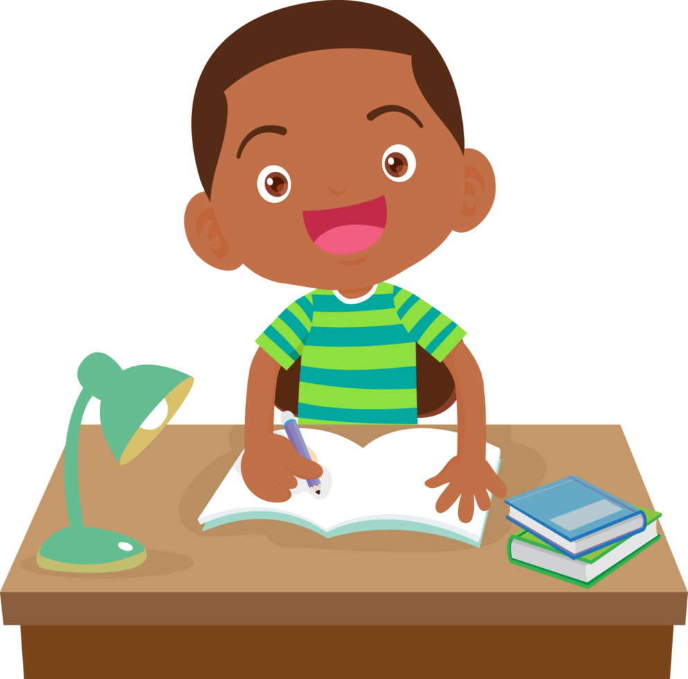 Smart boy taking notes while studying at his desk png