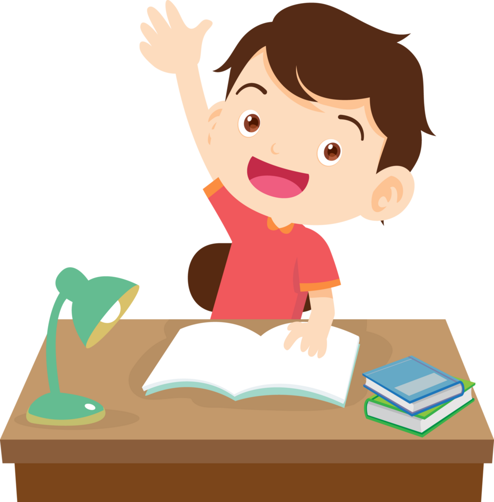 Happy boy raising his hand confidently to answer a question png