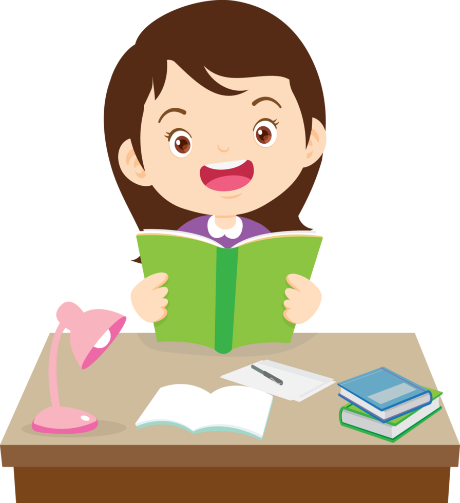 Excited girl reading a book with a big smile png