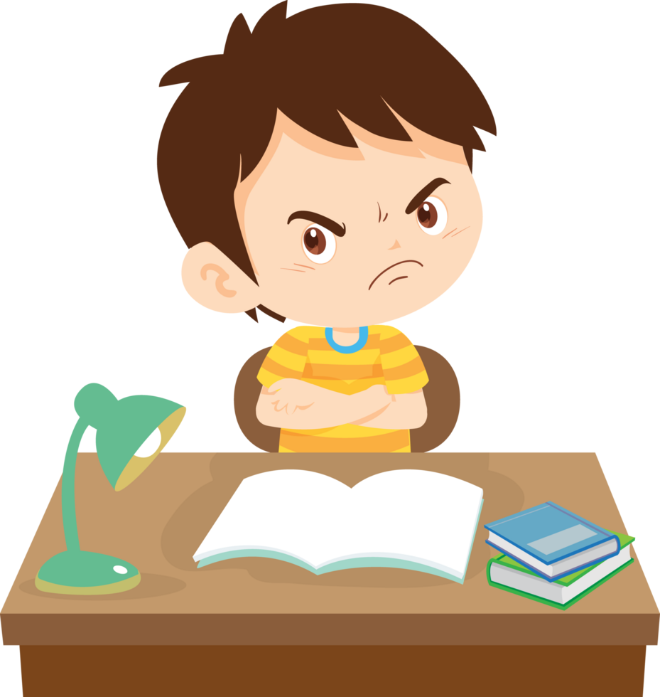 Boy looking frustrated after making a mistake in his work png
