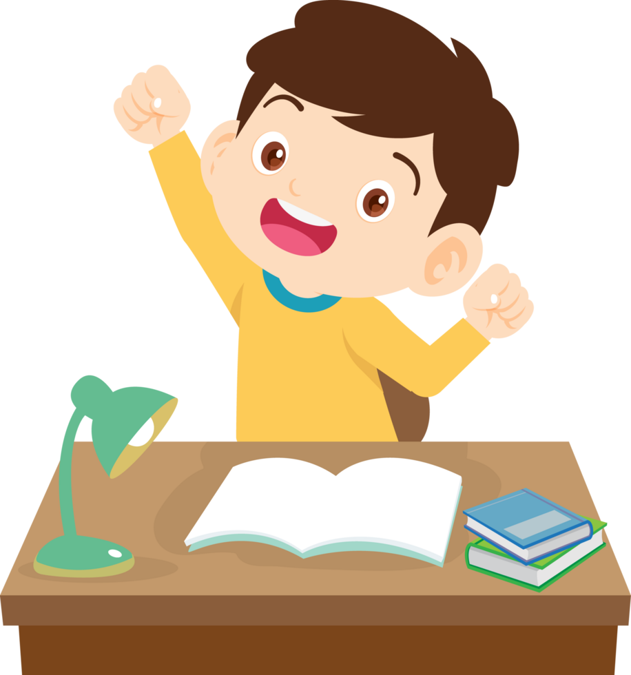 Happy boy sitting at his desk, enjoying his study time png