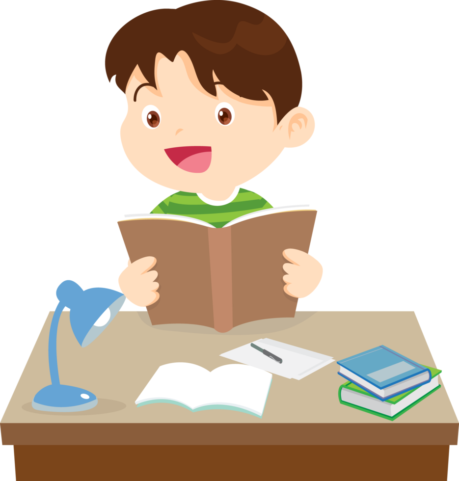 Boy in striped shirt eagerly studying his lessons png