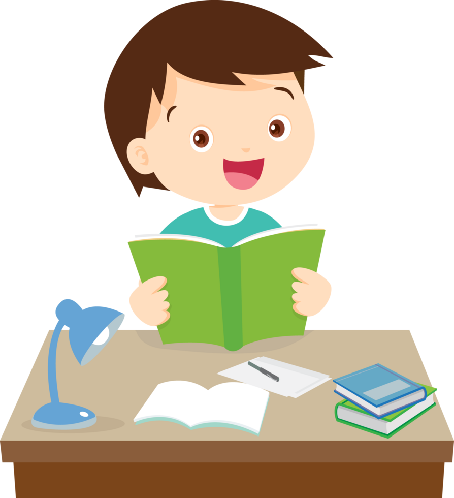 Cheerful boy reading a book and smiling with excitement png