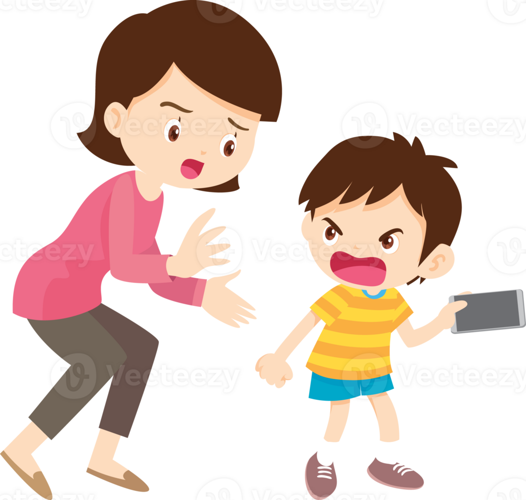 Emotional outburst of a child addicted to smartphone usage png