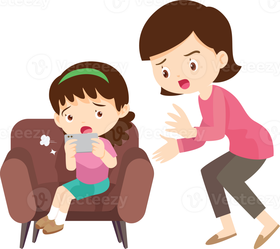 Mother feeling frustrated as her child refuses to put down the phone png