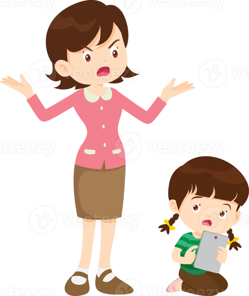 Mother feeling sad as her child prefers a screen over real conversations png