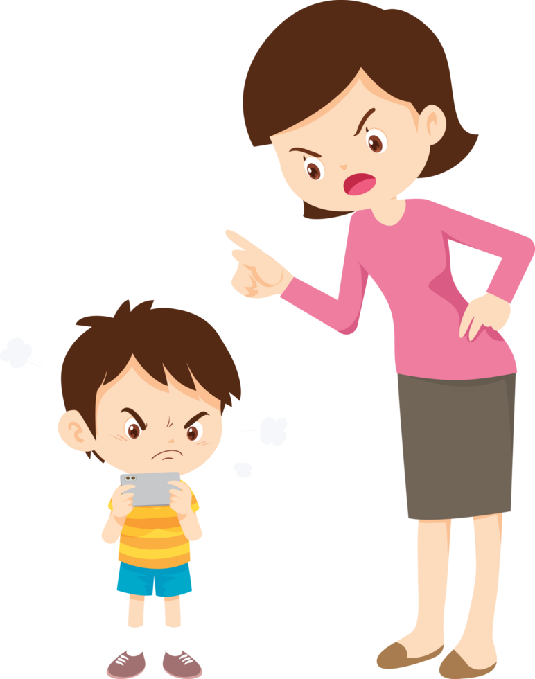 mother scolding her son for spending the entire day on a mobile device png