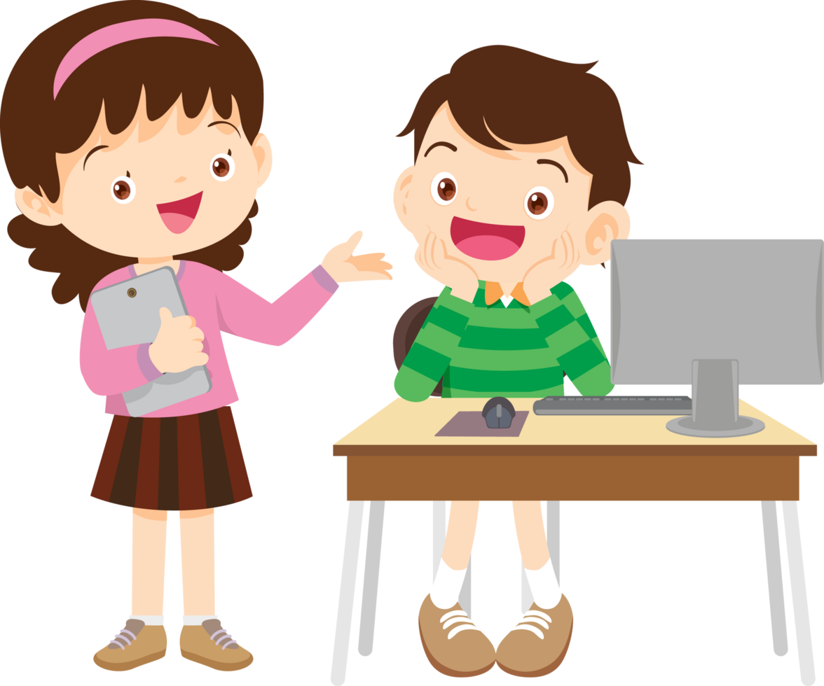 School kids practicing language skills using an e-learning app png