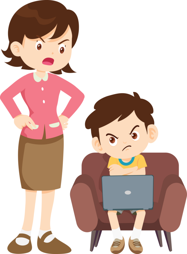Mother struggling get her son to focus on homework instead gaming png