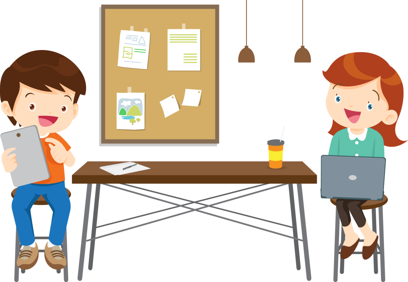 Children connecting with friends through an online study session png