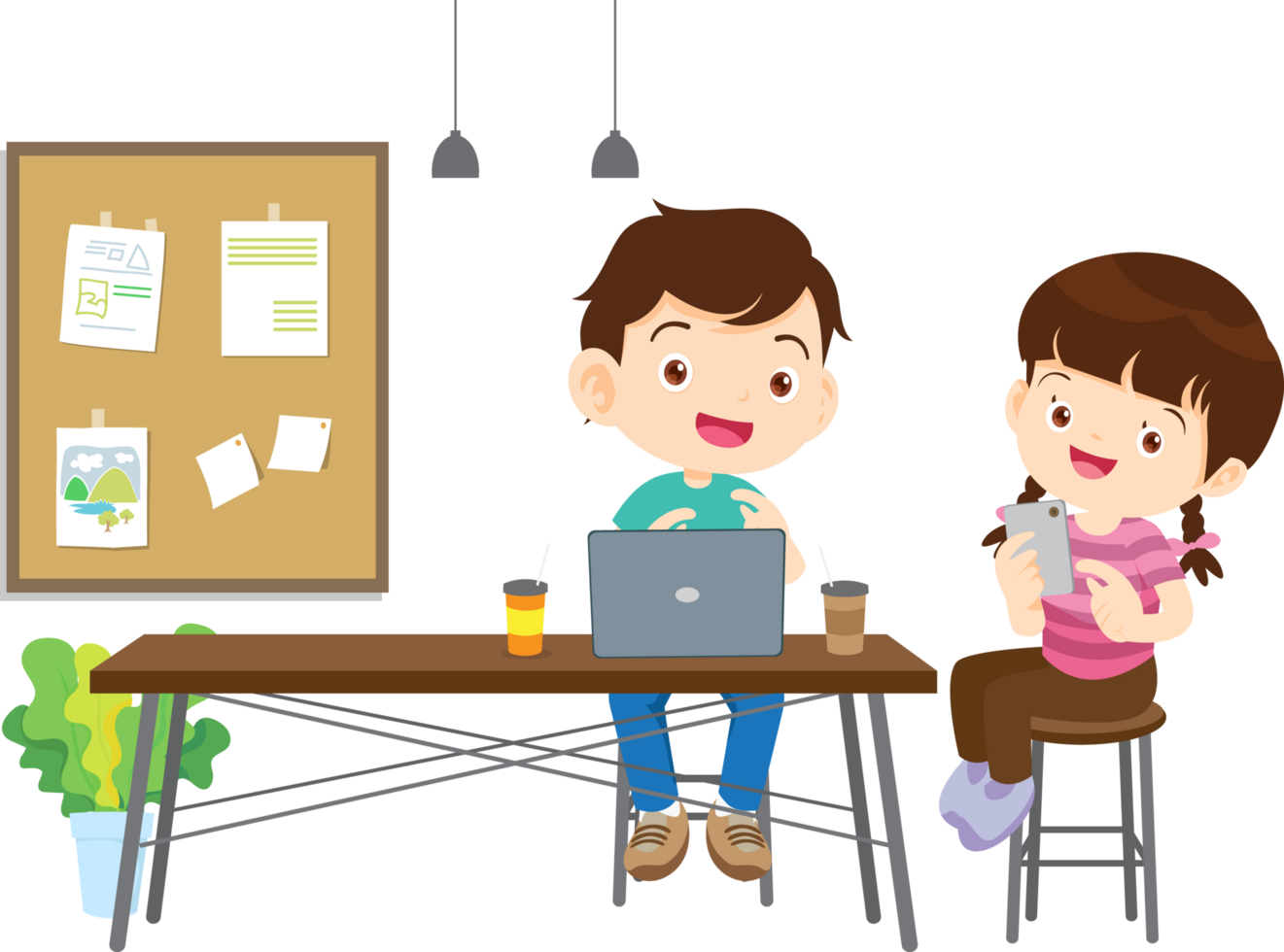 Happy kids reading an e-book together on a laptop png
