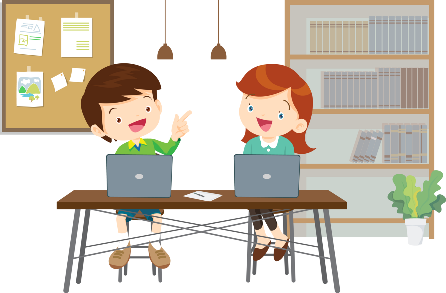 Group of school friends discussing a project on a laptop png