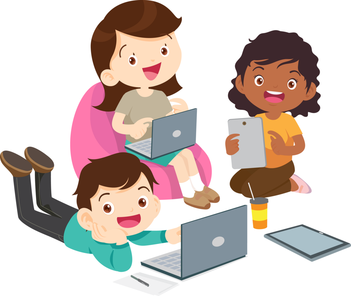 Modern classroom with children engaged in online studies png