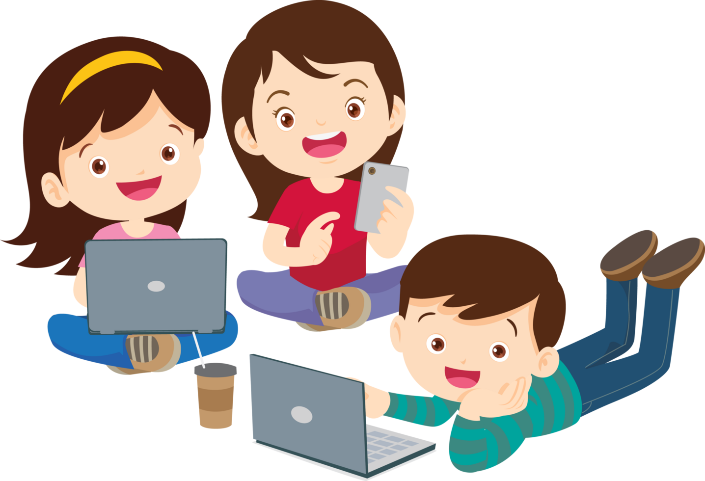 Smart kids using digital notebooks for classroom assignments png