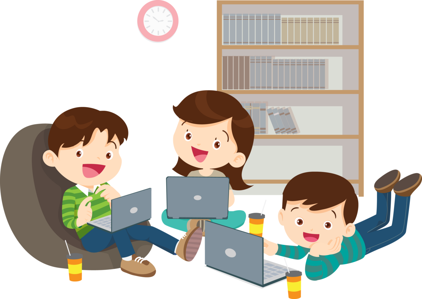 Happy school children working on assignments using digital devices png