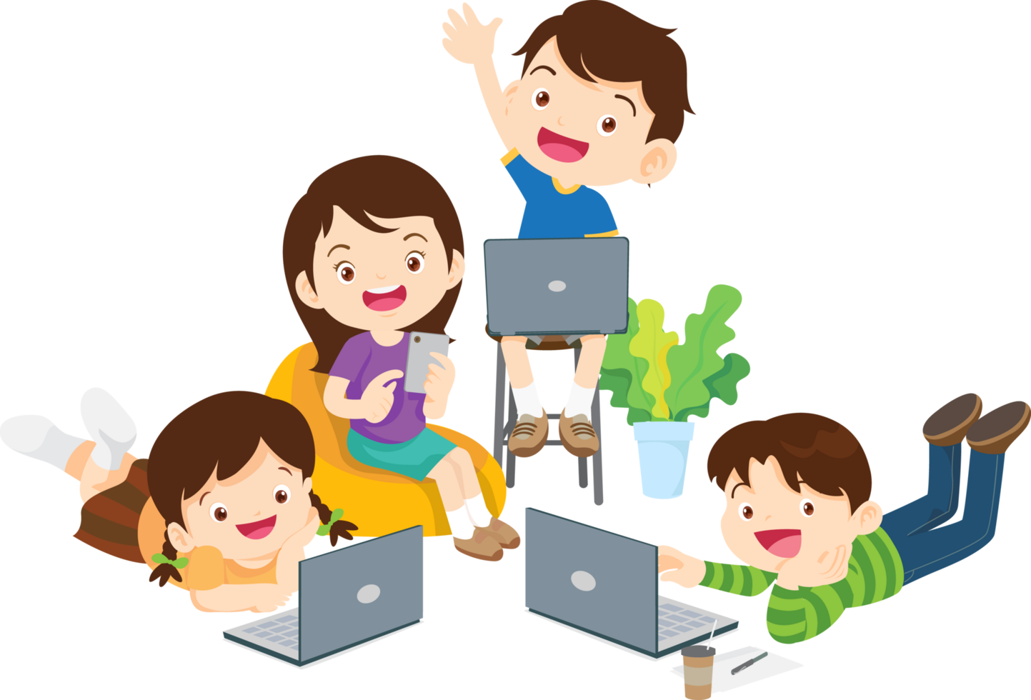 Smiling kids using tablets and computers to complete their assignments png