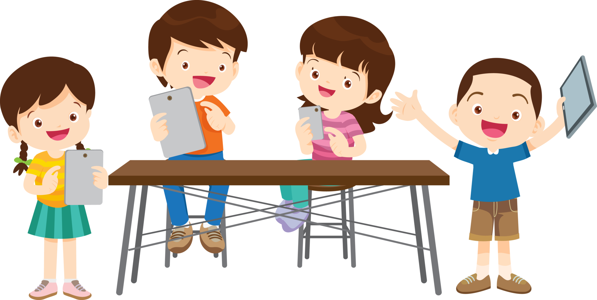 Group of students studying together using computers and tablets png
