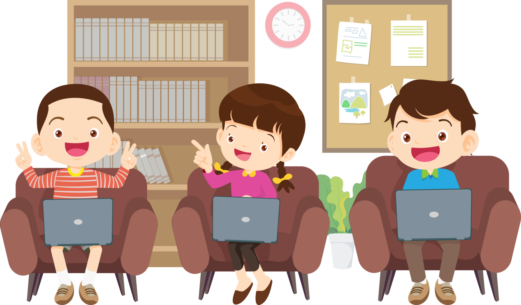 Bright classroom with kids learning computer science png