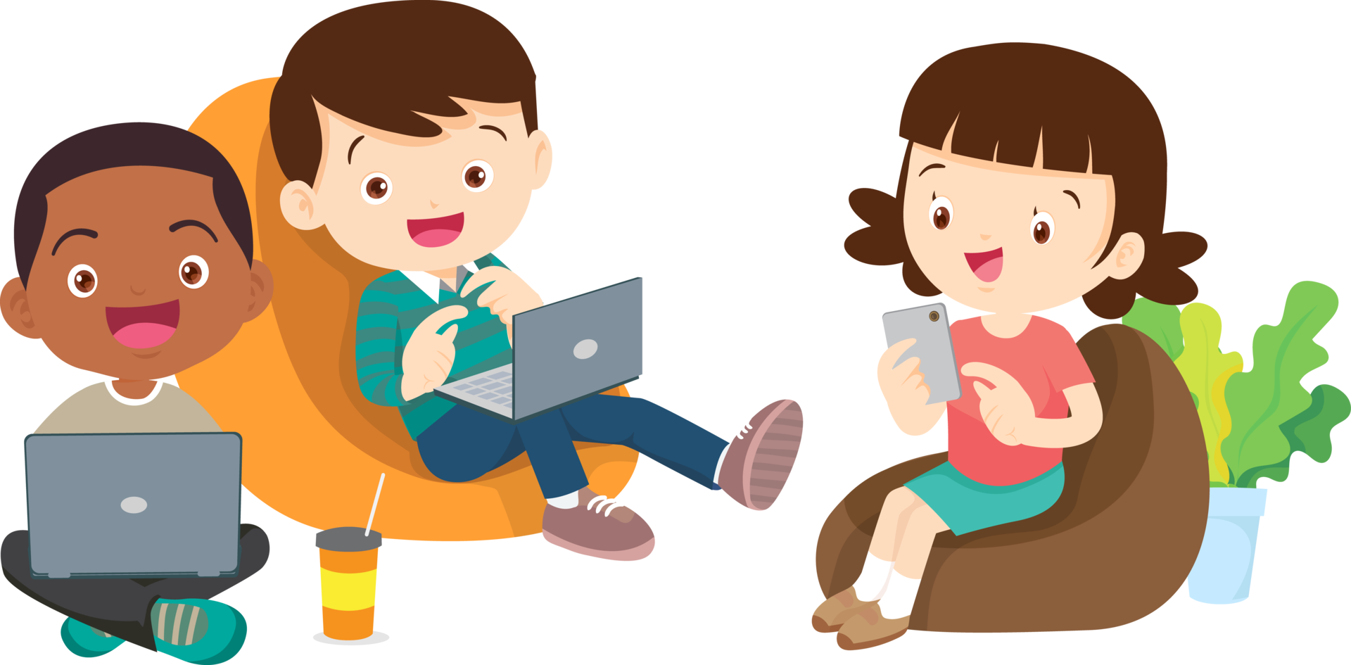 Happy pupils interacting in an online classroom discussion png