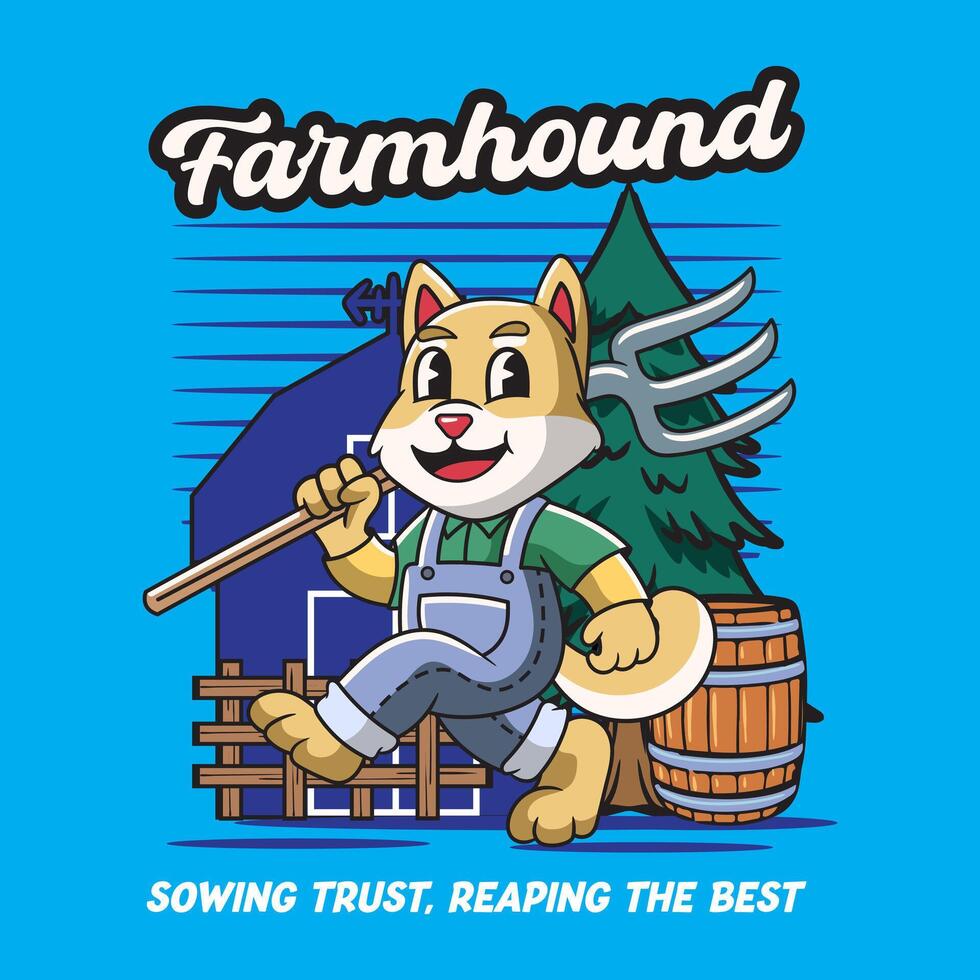 Cute Shiba Inu Dog Farmer holding Pitchfork Mascot Cartoon Character Illustration vector