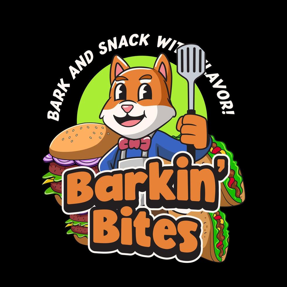 Happy Shiba Inu Dog Chef with Burger and Taco elements Mascot Cartoon Character Illustration vector