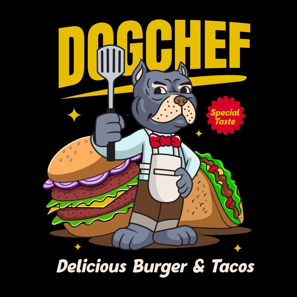 Happy Bulldog Chef with Burger and Taco Elements Mascot Cartoon Character Illustration vector