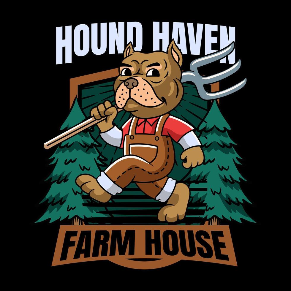 Happy Bulldog Farmer holding Pitchfork Mascot Cartoon Character Illustration vector