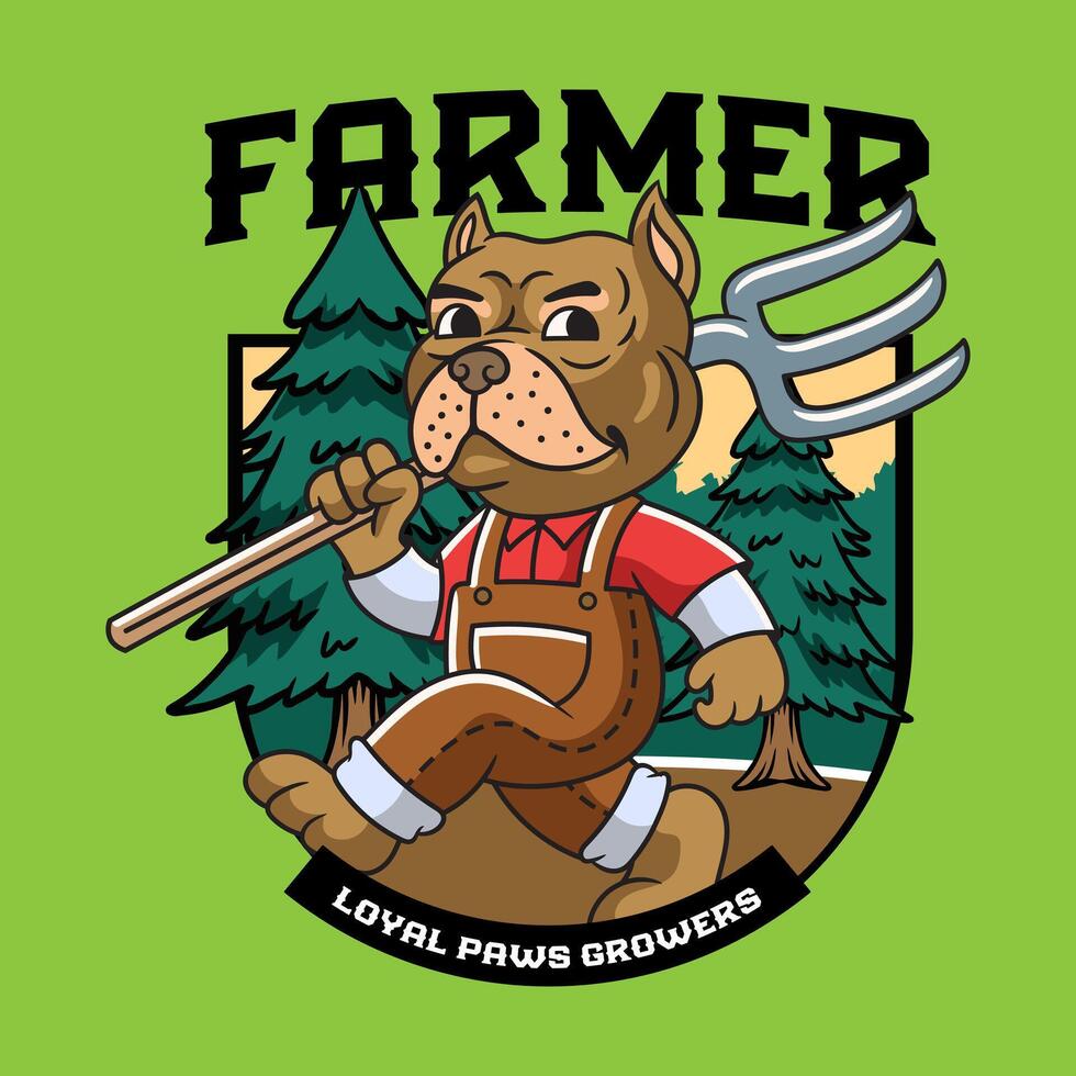Cute Bulldog Farmer holding Pitchfork Mascot Cartoon Character Illustration vector