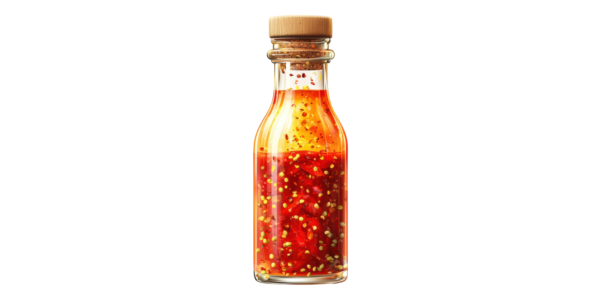 Glass bottle of spicy sauce with cork isolated on transparent background png