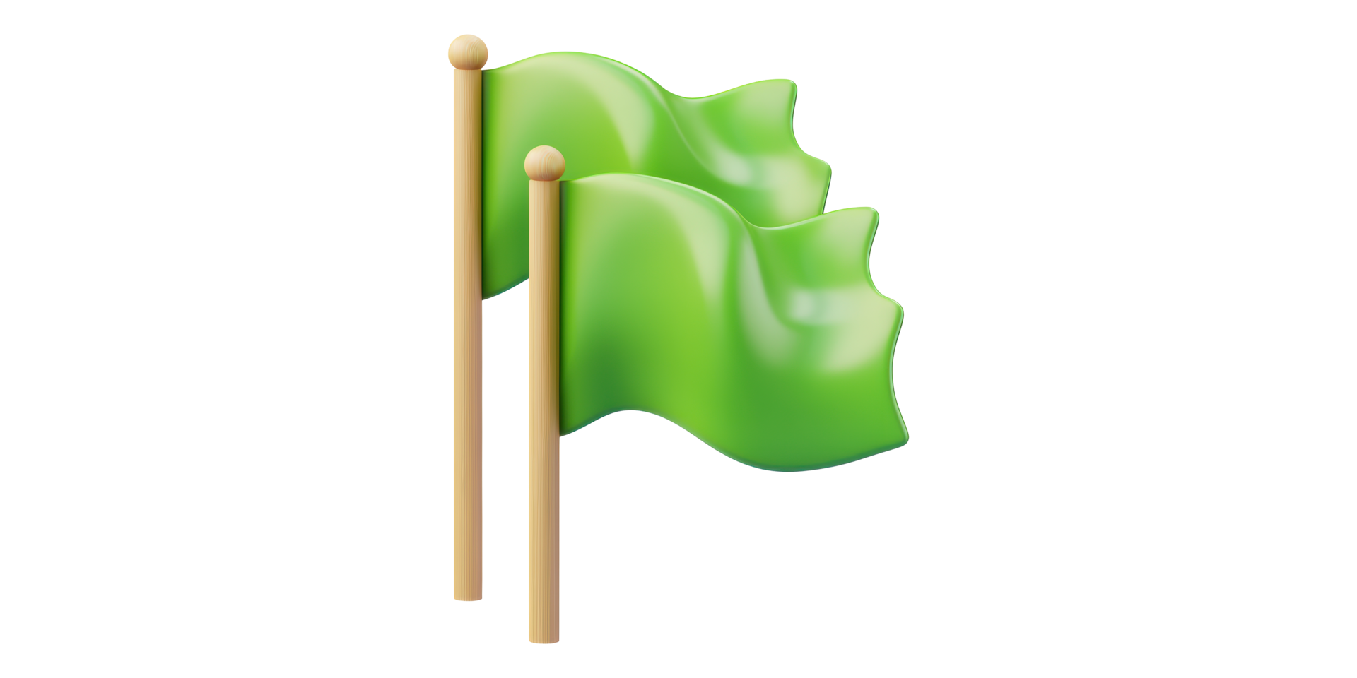 Two waving green flags on wooden poles isolated on transparent background png