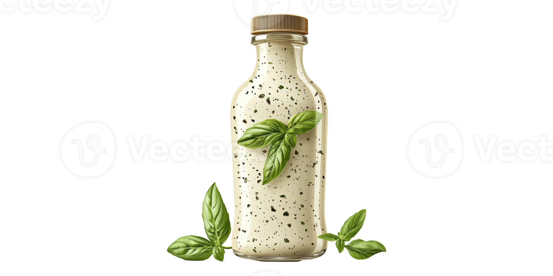 Bottle of herb salad dressing with basil leaves isolated on transparent background png