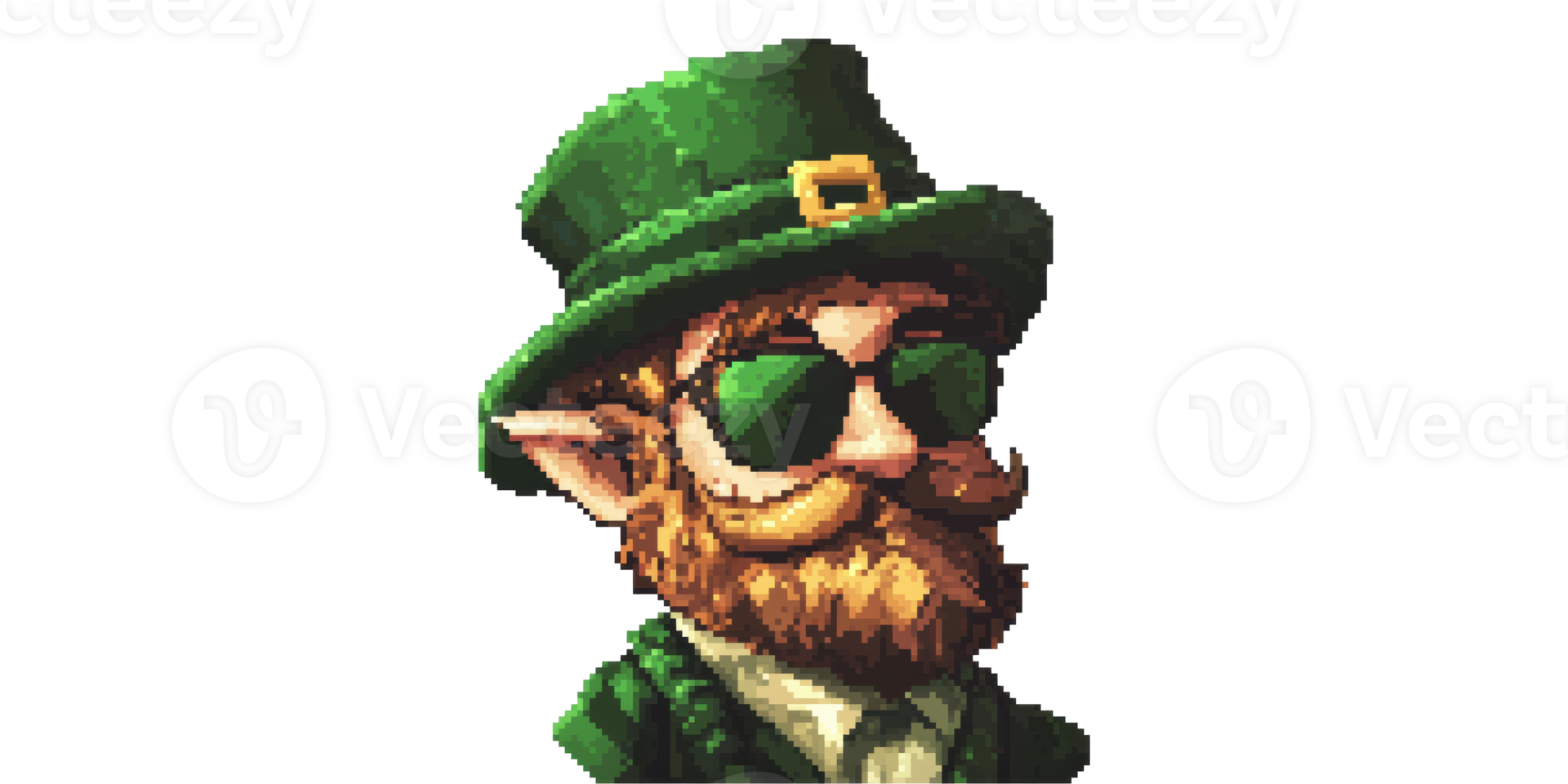 Pixelated leprechaun in green hat and sunglasses isolated on transparent background png