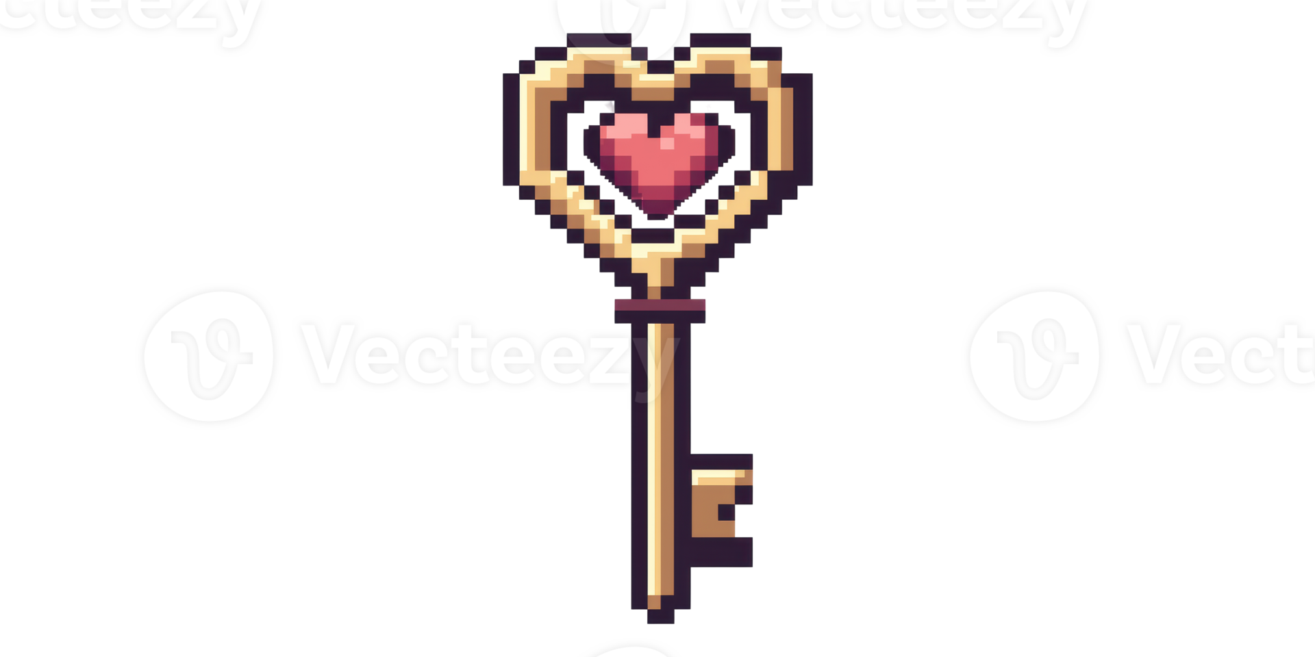 Pixel art heart-shaped key with red heart center isolated on transparent background png