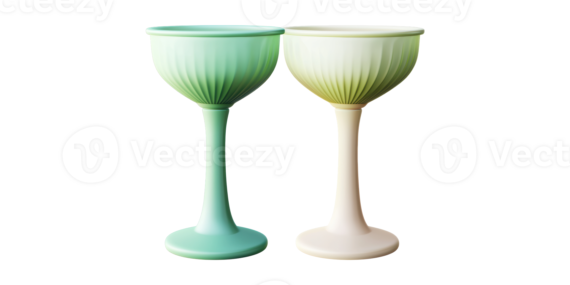 Two vintage champagne glasses in green tones isolated on transparent background png
