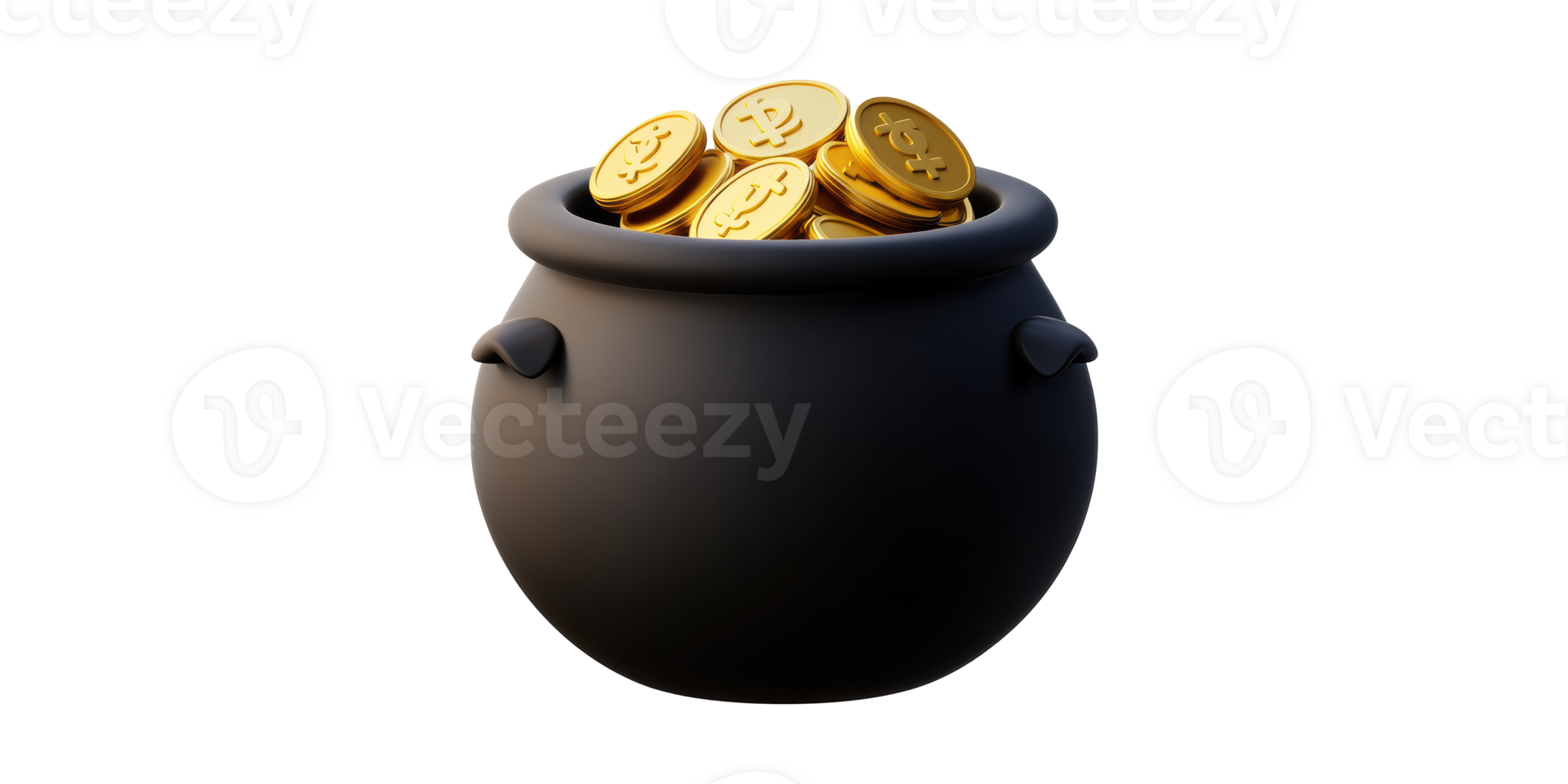 Black pot filled with gold coins isolated on transparent background png