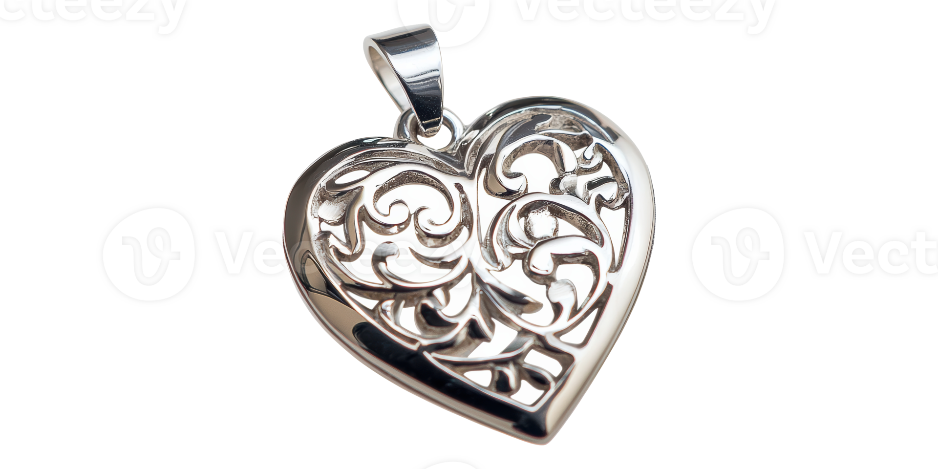 Silver heart-shaped pendant with intricate patterns isolated on transparent background png